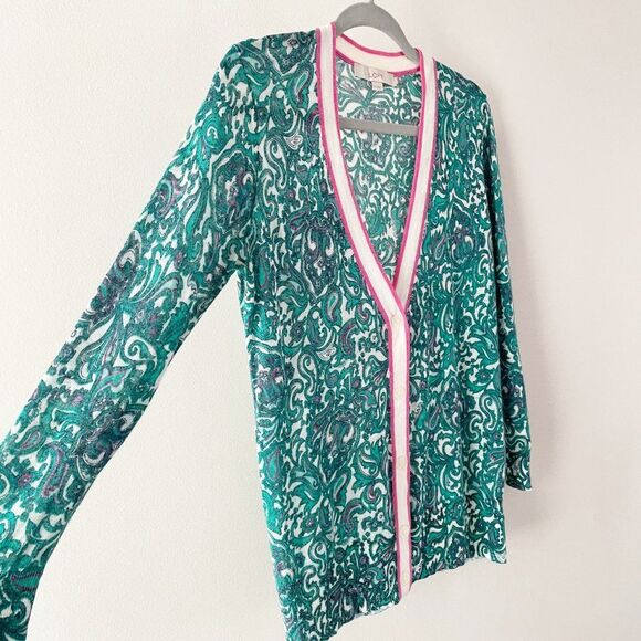 LOFT Green Pink Paisley Ramie V Neck Button Front Sheer Long Sleeve Cardigan M - Picture 3 of 12